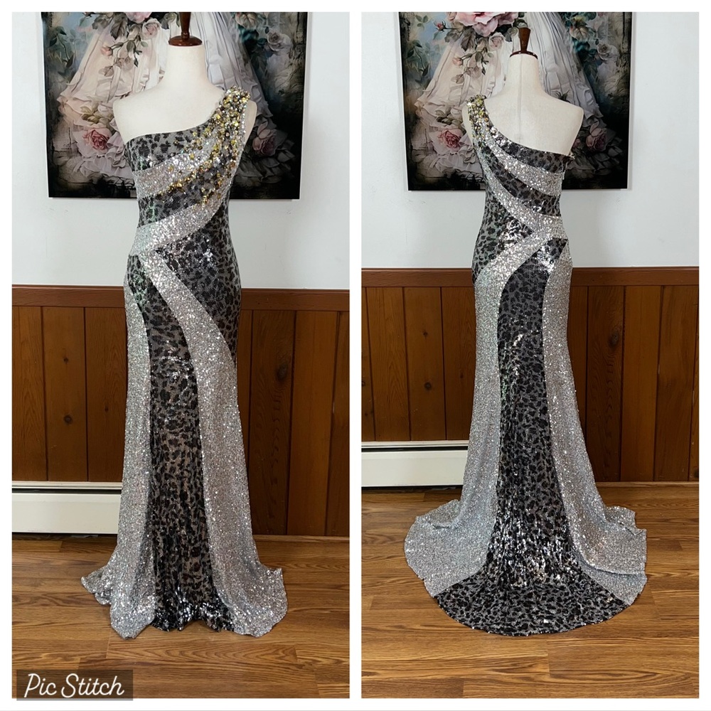 Vienna Prom Glittering Silver and Black One-Shoulder Gown